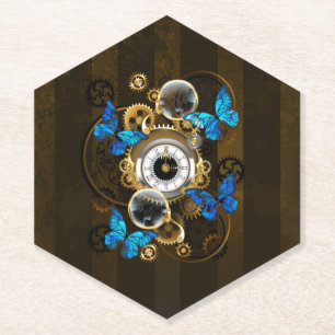Steampunk Gears and Blue Butterflies Paper Coaster