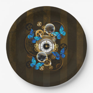 Steampunk Gears and Blue Butterflies Paper Plate