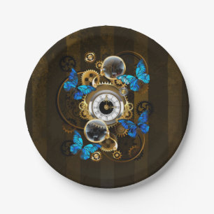 Steampunk Gears and Blue Butterflies Paper Plate