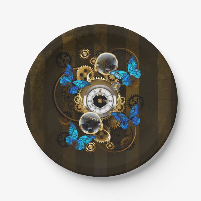 Steampunk Gears and Blue Butterflies Paper Plate (Front)