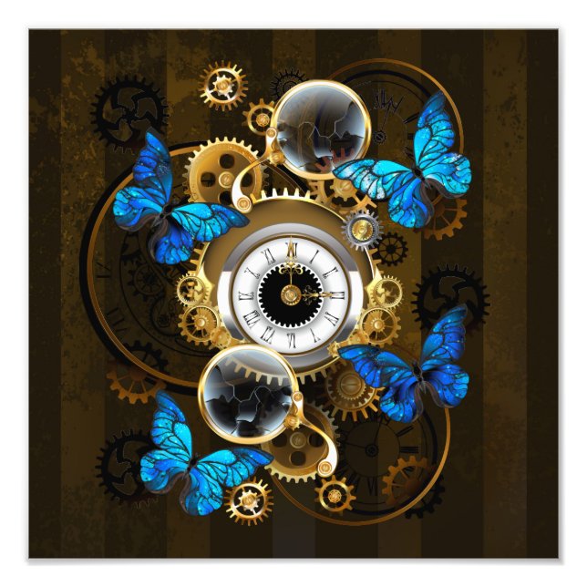 Steampunk Gears and Blue Butterflies Photo Print (Front)