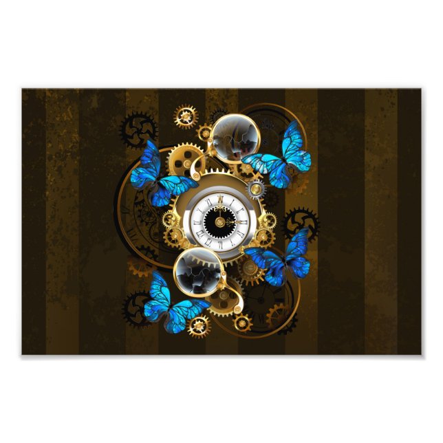 Steampunk Gears and Blue Butterflies Photo Print (Front)