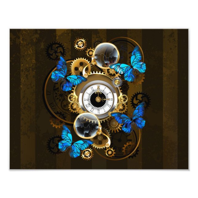 Steampunk Gears and Blue Butterflies Photo Print (Front)
