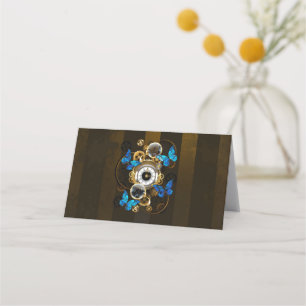Steampunk Gears and Blue Butterflies Place Card