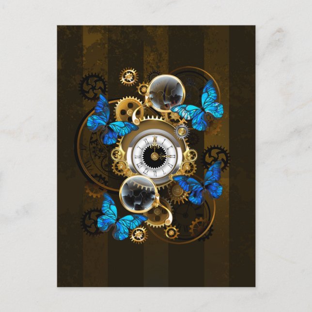 Steampunk Gears and Blue Butterflies Postcard (Front)