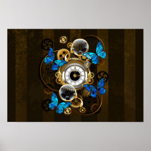 Steampunk Gears and Blue Butterflies Poster