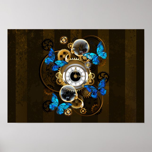 Steampunk Gears and Blue Butterflies Poster (Front)