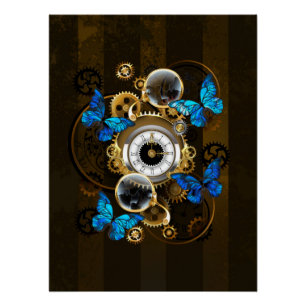 Steampunk Gears and Blue Butterflies Poster