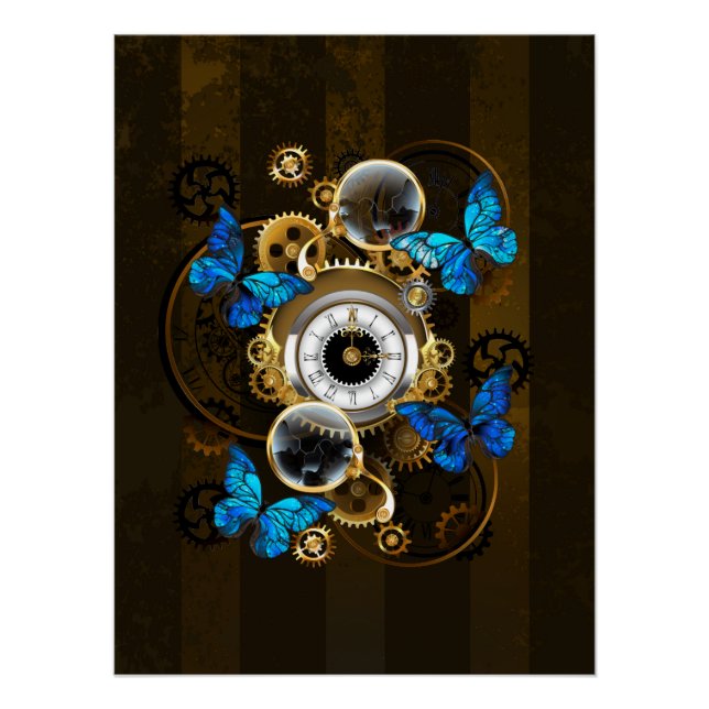 Steampunk Gears and Blue Butterflies Poster (Front)
