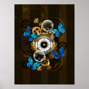 Steampunk Gears and Blue Butterflies Poster