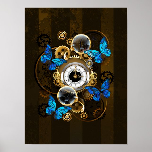 Steampunk Gears and Blue Butterflies Poster (Front)