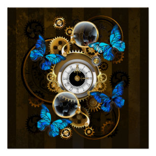 Steampunk Gears and Blue Butterflies Poster