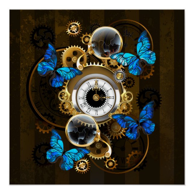Steampunk Gears and Blue Butterflies Poster (Front)