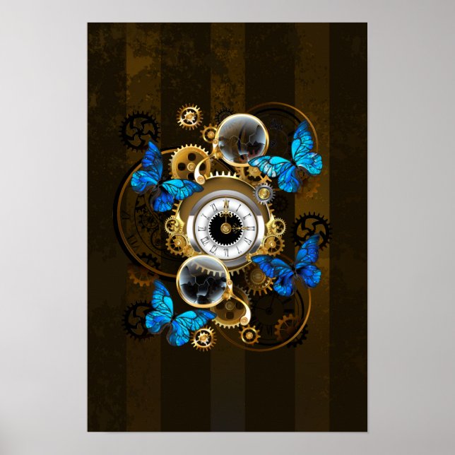 Steampunk Gears and Blue Butterflies Poster (Front)
