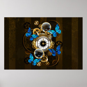 Steampunk Gears and Blue Butterflies Poster