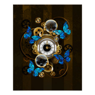 Steampunk Gears and Blue Butterflies Poster