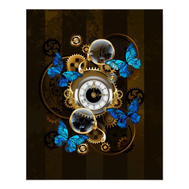 Steampunk Gears and Blue Butterflies Poster (Front)