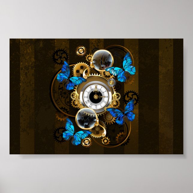Steampunk Gears and Blue Butterflies Poster (Front)