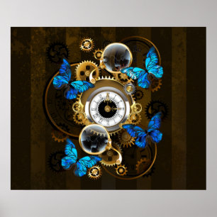Steampunk Gears and Blue Butterflies Poster