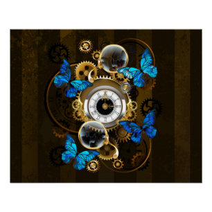 Steampunk Gears and Blue Butterflies Poster