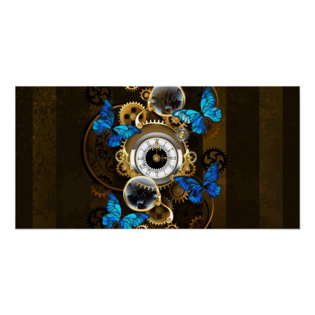 Steampunk Gears and Blue Butterflies Poster (Front)