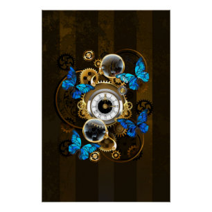 Steampunk Gears and Blue Butterflies Poster