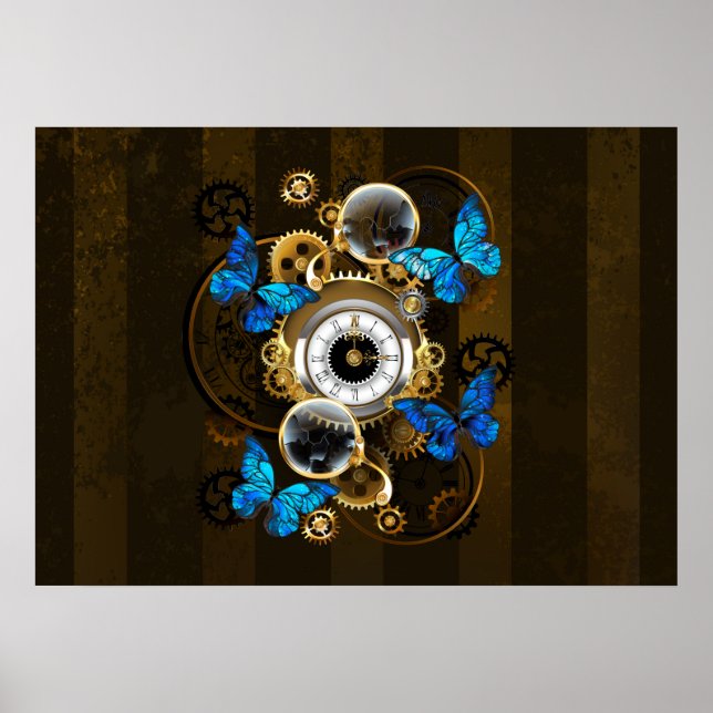 Steampunk Gears and Blue Butterflies Poster (Front)