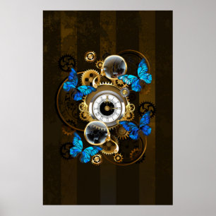 Steampunk Gears and Blue Butterflies Poster