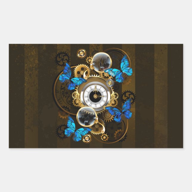 Steampunk Gears and Blue Butterflies Rectangular Sticker (Front)