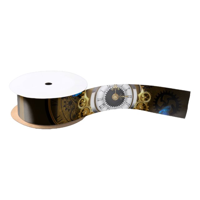 Steampunk Gears and Blue Butterflies Satin Ribbon (Spool)