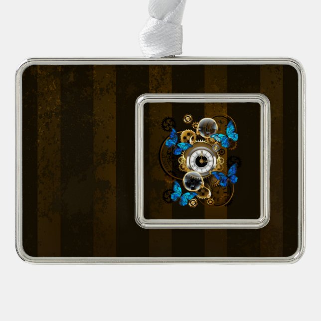 Steampunk Gears and Blue Butterflies Silver Plated Framed Ornament (Front)