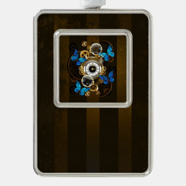Steampunk Gears and Blue Butterflies Silver Plated Framed Ornament (Front)