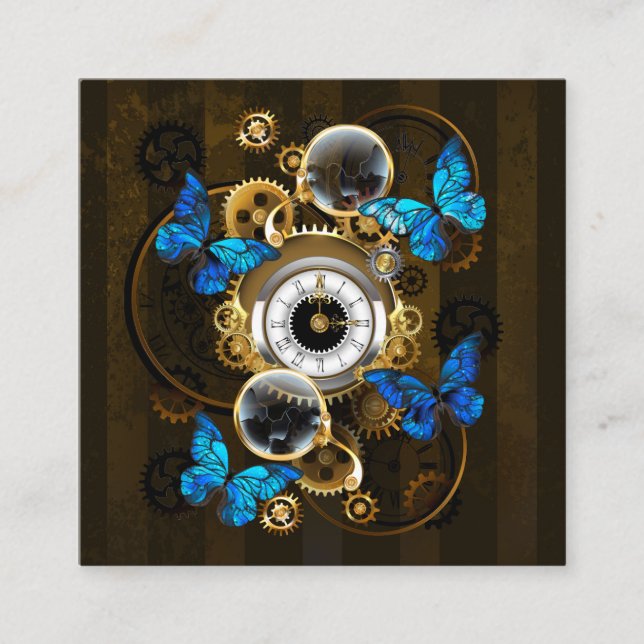 Steampunk Gears and Blue Butterflies Square Business Card (Front)
