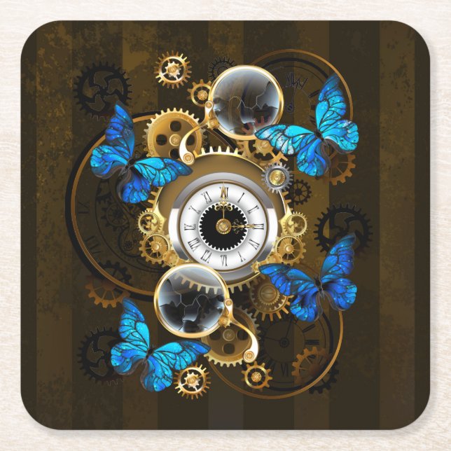 Steampunk Gears and Blue Butterflies Square Paper Coaster (Front)