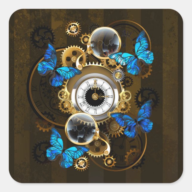 Steampunk Gears and Blue Butterflies Square Sticker (Front)