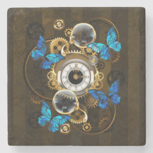 Steampunk Gears and Blue Butterflies Stone Coaster