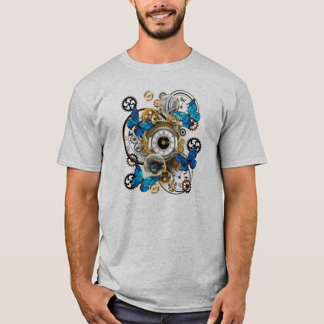 Steampunk Gears and Blue Butterflies T-Shirt (Front)