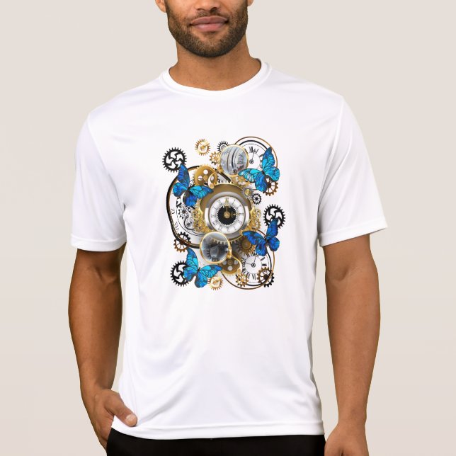 Steampunk Gears and Blue Butterflies T-Shirt (Front)