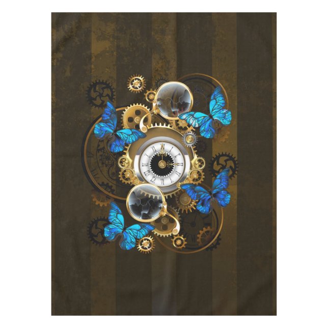 Steampunk Gears and Blue Butterflies Tablecloth (Front)