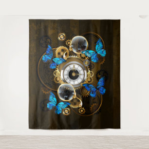 Steampunk Gears and Blue Butterflies Tapestry