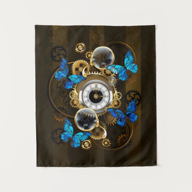 Steampunk Gears and Blue Butterflies Tapestry (Front)