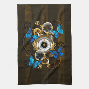 Steampunk Gears and Blue Butterflies Tea Towel