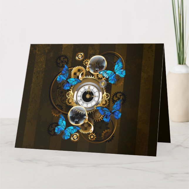 Steampunk Gears and Blue Butterflies Thank You Card (Front)