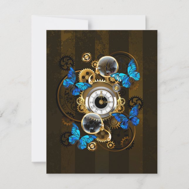 Steampunk Gears and Blue Butterflies Thank You Card (Front)