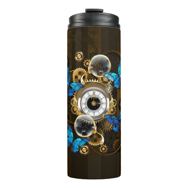 Steampunk Gears and Blue Butterflies Thermal Tumbler (Front)