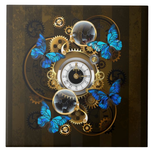 Steampunk Gears and Blue Butterflies Tile (Front)