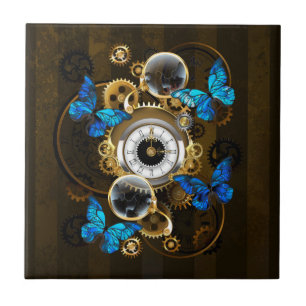 Steampunk Gears and Blue Butterflies Tile