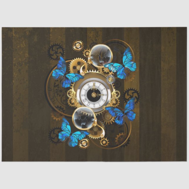 Steampunk Gears and Blue Butterflies Tissue Paper (Front)
