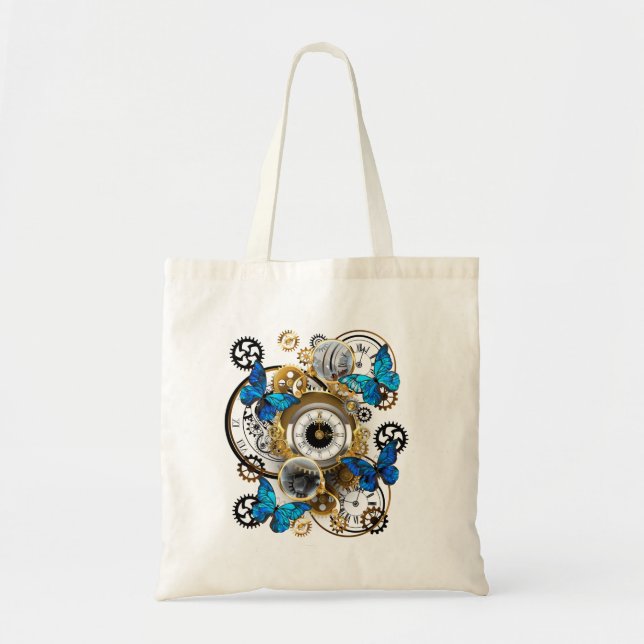Steampunk Gears and Blue Butterflies Tote Bag (Front)