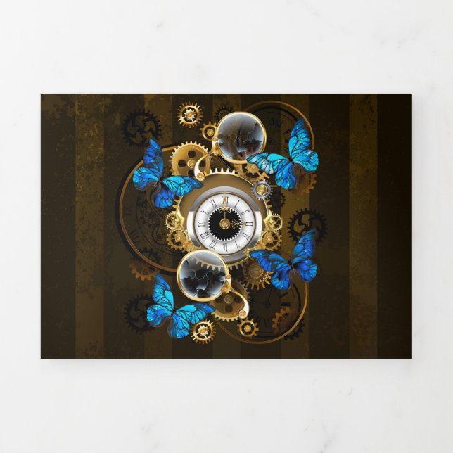 Steampunk Gears and Blue Butterflies Tri-Fold Announcement (Cover)